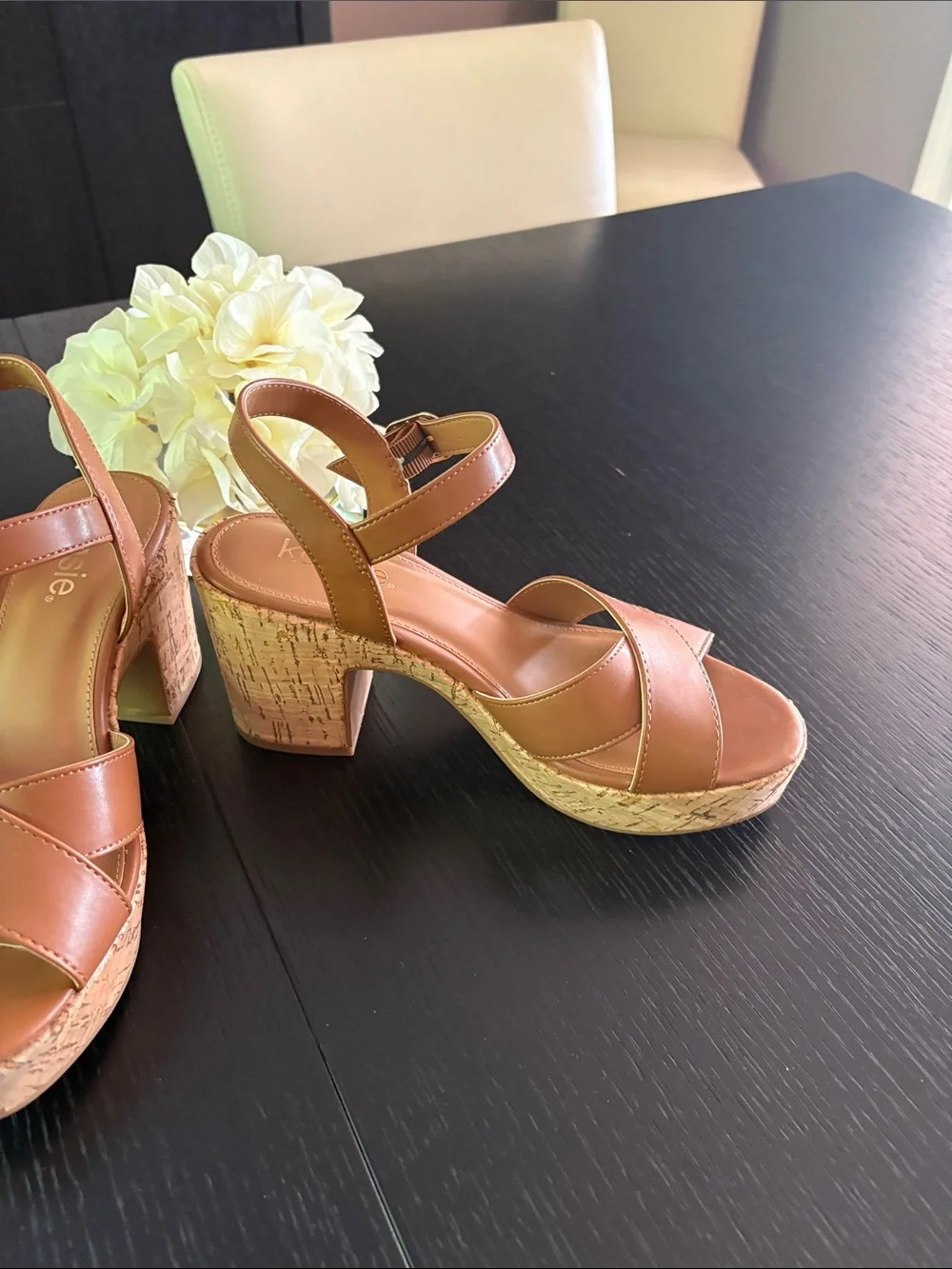 Kensie Brown Leather-Look Crisscross Wedge Sandals